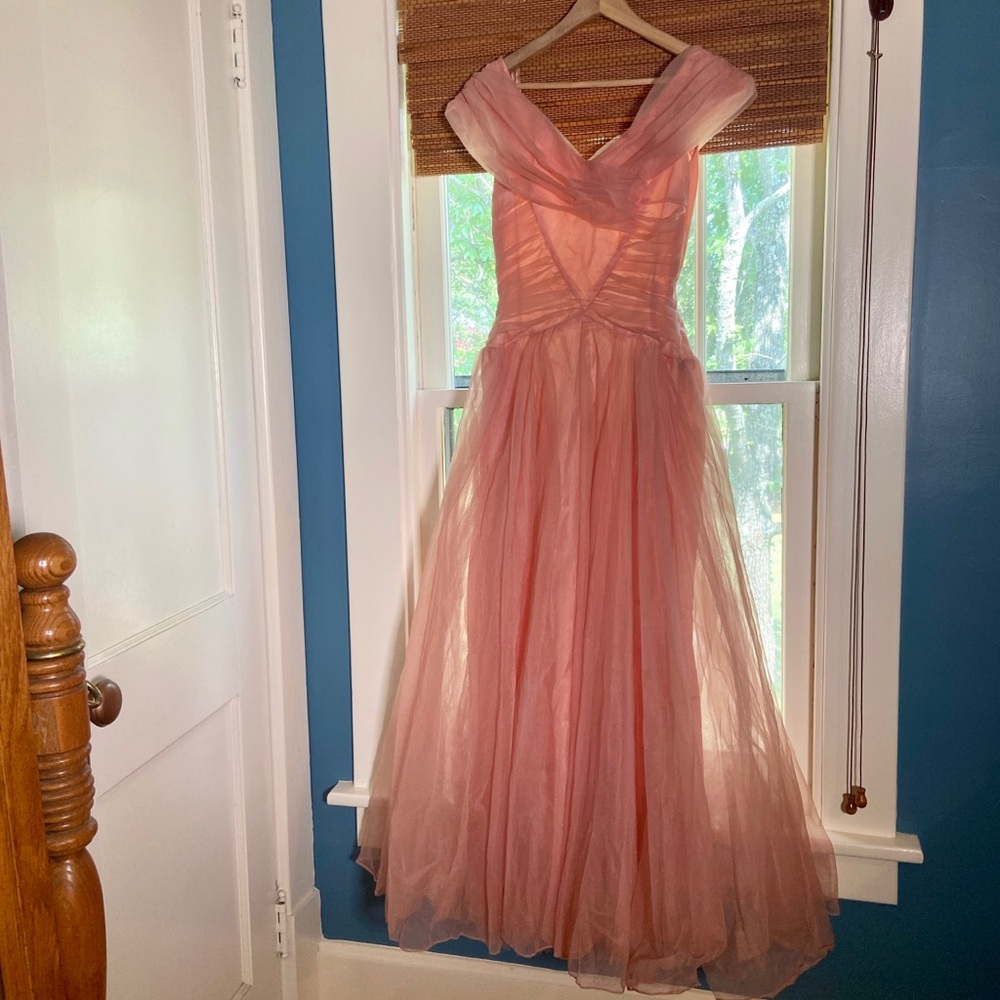 Late 1950s vintage pink chiffon floor length gown
